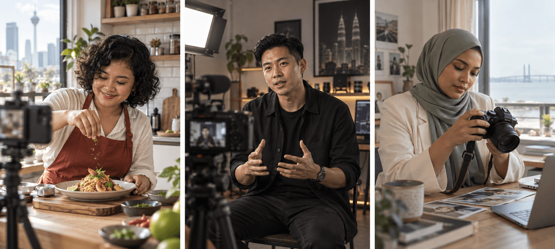 Tiga content creator Asia Tenggara sedang memproduksi konten makanan, teknologi, dan lifestyle